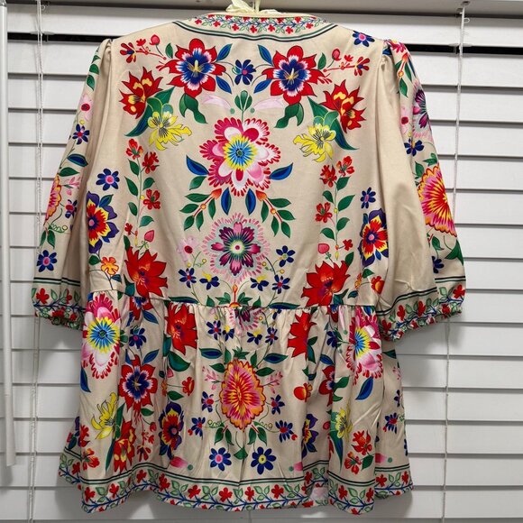 SHEIN Women's colorful floral gathered sleeve top with peplum; Size L - Picture 2 of 6
